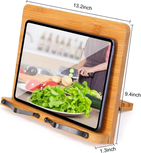 Miniatura 2 de MEGREZ Soporte de bambú para libros de 13.2 x 9.4 pulgadas, soporte plegable para libros de cocina con 6 alturas ajustables, soporte para libros
