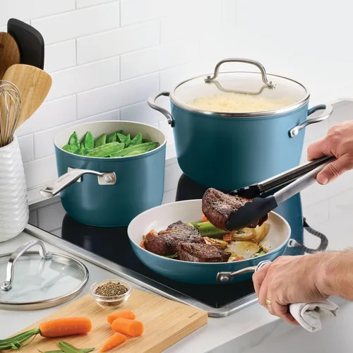 Miniatura 7 de KitchenAid Juego de ollas y sartenes antiadherentes de inducción de cerámica anodizada dura con cacerolas, sartenes, olla y tapas, apto para Agave