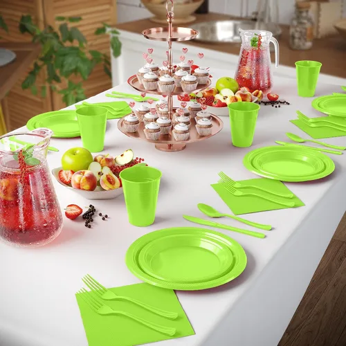 Miniatura 4 de Juego de 350 platos de plástico verde lima para fiestas, juego de platos desechables de color verde lima, 50 de cada juego de platos llanos de 9