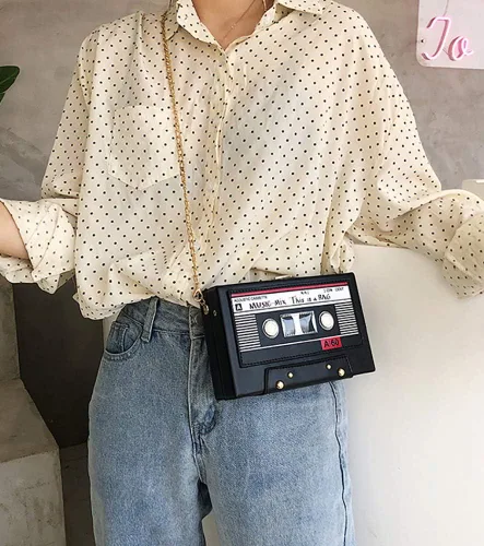 Miniatura 4 de QZUnique Bolso de hombro en forma de cinta con grabador de radio PU Crossbody bolso de noche retro para mujer, bolso de mano