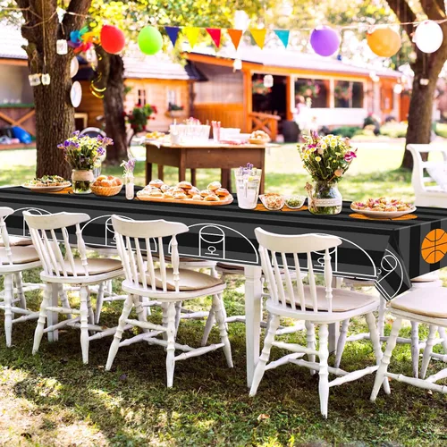 Miniatura 6 de Mixweer 2 piezas de mantel de plástico para baloncesto, decoraciones de fiesta de cumpleaños, 137 x 274 cm, mantel rectangular de campo