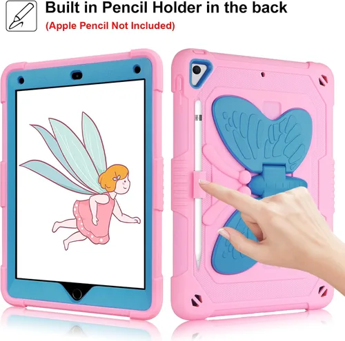 Miniatura 5 de VOFUOE Funda para iPad de 6ª/5ª generación con protector de pantalla para iPad 9.7, 2018 2017, correa de soporte de mariposa, muñecos, portalápices