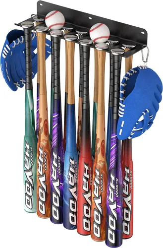QBA Soporte de pared para bates de béisbol, 8 puntas, estante de metal resistente para bates, capacidad para 14 bates, organizador de bates para