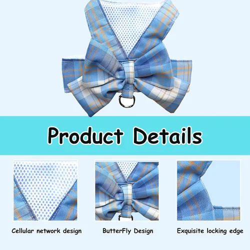 Miniatura 3 de Conjunto de Vestido a Cuadros para Perro con Corbata de Moño, Arnés y Correa, Ropa para Perro Vestido con Arnés con Anilla para Correa para Perros