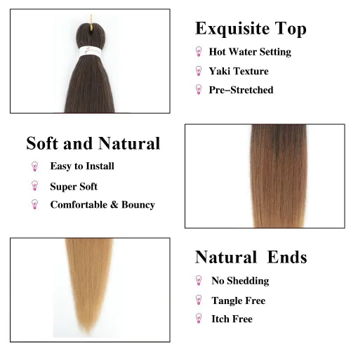 Miniatura 4 de Cabello Trenzado Ombré Pre-Estirado 26 Pulgadas Ombré Marrón 8 Paquetes/Lote Trenza Fijación con Agua Caliente Cabello Sintético Profesional