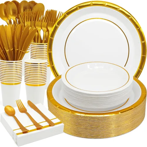 Miniatura 8 de AIRE 175 piezas Vajilla de papel negra y dorada para 25 invitados, suministros desechables para fiestas, vajilla con puntos dorados en platos 175