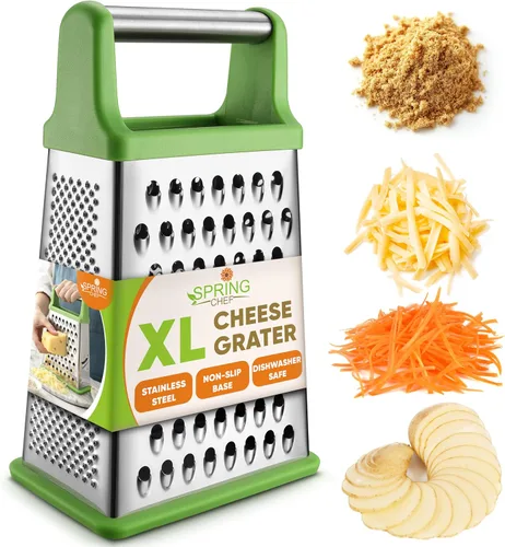 Spring Chef Green - Rallador profesional de queso parmesano XL de acero inoxidable con mango - Rallador de caja de 4 lados para cocina - Triturador