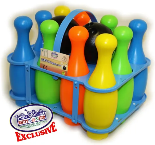 Miniatura 5 de Matty's Toy Stop 10 Pin Multi-Color Juego de bolos de plástico de lujo para los niños con el estante de almacenamiento, 12 Piezas Total