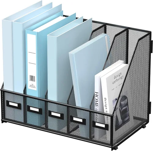 SUPEASY Organizador de escritorio de metal para revistas, con 5 compartimentos verticales, organizador de archivos para escritorio de oficina, Negro