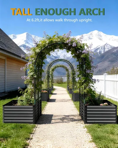 Miniatura 3 de Cama de jardín elevada con enrejado de arco para plantas trepadoras, cama de jardín elevada galvanizada, jardineras al aire libre para verduras