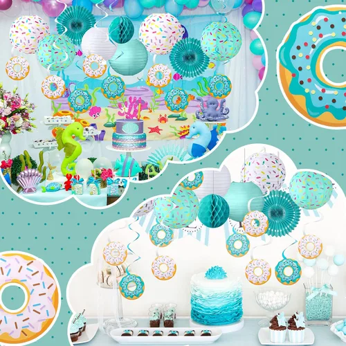 Miniatura 5 de Hortsun 19 piezas de decoración de fiesta de cumpleaños con forma de dona, faroles colgantes con temática de donas, decoración de papel