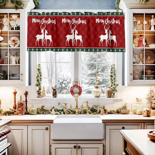Miniatura 12 de Cenefas de gnomo de invierno para cocina, cafetería, cenefa de ventana de pino nevado de Navidad, cortinas cortas de copo de nieve azul, 60 x 18