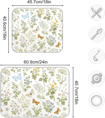 Miniatura 3 de Tapete de secado de platos con flores botánicas y mariposas para encimera de cocina, absorbente, almohadilla de secado de microfibra, grande 18x24