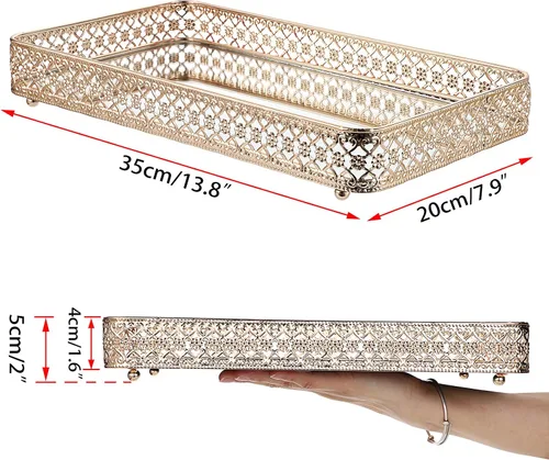 Miniatura 2 de ELLDOO Bandeja Dorada para Perfumes y Maquillaje - Almacenamiento de Joyas con Tallado Hueco, Organizador de Baratijas de Cristal y Metal para Dorado