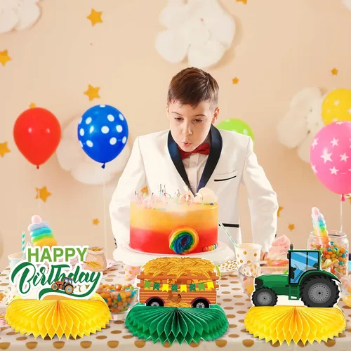 Miniatura 7 de Zonon 6 piezas de decoración de cumpleaños de tractor, centro de mesa de panal de abeja, suministros de fiesta, decoración de granja para tractores