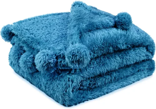 Miniatura 11 de PAVILIA Manta de sherpa negra para sofá, cálida manta de felpa con pompones, manta mullida para sofá, ligera, suave y acogedora con pompones, 50 x