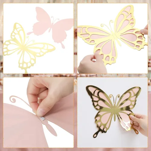 Miniatura 3 de Geyee 12 piezas de decoración de fiesta de mariposa grande 3D de 12 pulgadas, 10 pulgadas, centros de mesa de mariposa grandes para mesas, baby Oro