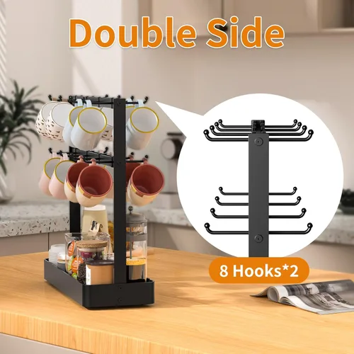 Miniatura 9 de RCHYFEED Soporte para taza de café para encimera, organizador de tazas de aleación de aluminio con 16 ganchos móviles, soporte de árbol de 2 niveles