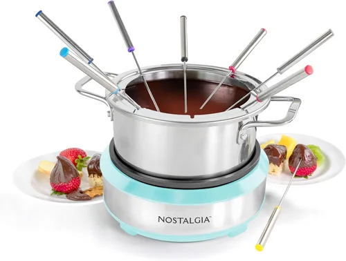 Nostalgia Juego de ollas de fondue eléctricas de 8 tazas para queso y chocolate, 8 tenedores codificados por colores, control de temperatura,