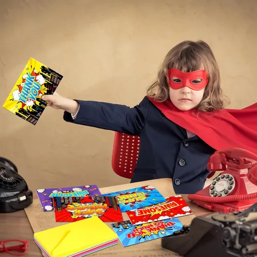 Miniatura 5 de Cholemy 40 tarjetas de agradecimiento de héroe surtido con sobres, tarjetas plegadas de agradecimiento coloridas cómicas para niños, aulas, escuela