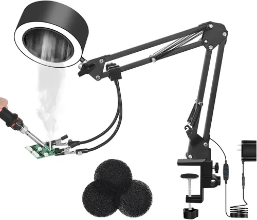 3 en 1 extractor de humos de soldadura lámpara de ventilador con 2 manos de ayuda y 3 filtros de carbono, 10 brillos 3 colores de luz, para cortador