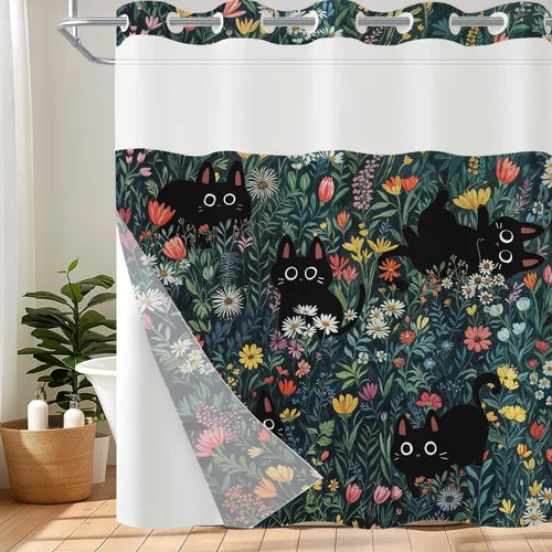 Miniatura 25 de Cortina de Ducha Divertida de Gato Lindo Divertido Árbol de Gato de Dibujos Animados Cortinas de Ducha para Baño Boho Anime Gatitos Niños Granja