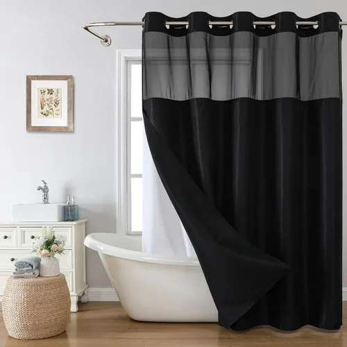 eachope Cortina de ducha negra sin gancho con forro de tela a presión, cortinas de ducha de tejido gofre para baño, juego de cortinas de baño de