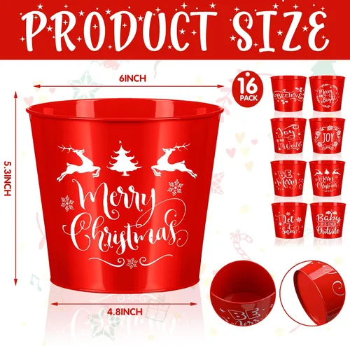 Miniatura 2 de Hoolerry 16 macetas de Navidad para jardinería, accesorios galvanizados, cubo de metal rojo de 6 pulgadas, macetas de flores galvanizadas