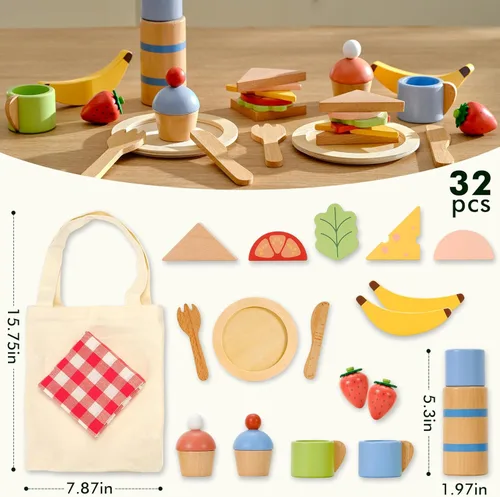 Miniatura 8 de PairPear Juego de comida de juguete de madera para la cocina de los niños, 32 piezas de juguetes de simulación, juego de picnic con bolsa