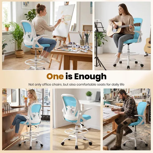 Miniatura 5 de Primy Silla de Dibujo Silla Alta de Oficina con Reposabrazos Abatibles Silla Ejecutiva Ergonómica de Computadora para Escritorio de Pie con Soporte