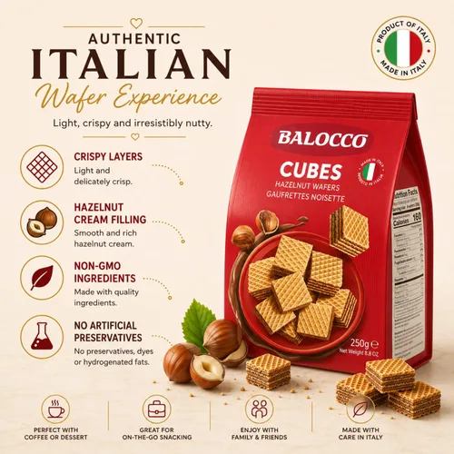 Miniatura 2 de Balocco Galletas en forma de cubo de obleas de avellana 8.8 oz (250 g) Galletas de oblea cuadradas italianas crujientes con 4 capas de crema