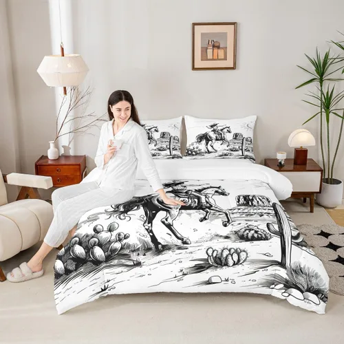 Miniatura 2 de Homewish Juego de edredón de vaquera occidental, tamaño individual, juego de ropa de cama de dibujo de cactus del desierto de caballo salvaje