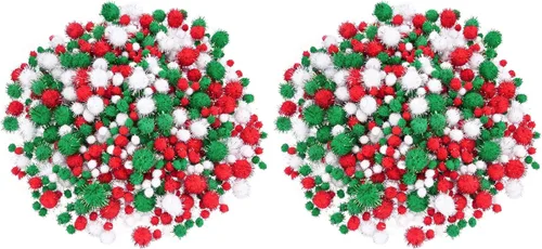 Livder Pompones de Navidad de Glitter Rojo, Verde y Blanco, Pompones Esponjosos, Suministros para Manualidades y Decoración DIY (4 Tamaños, 900