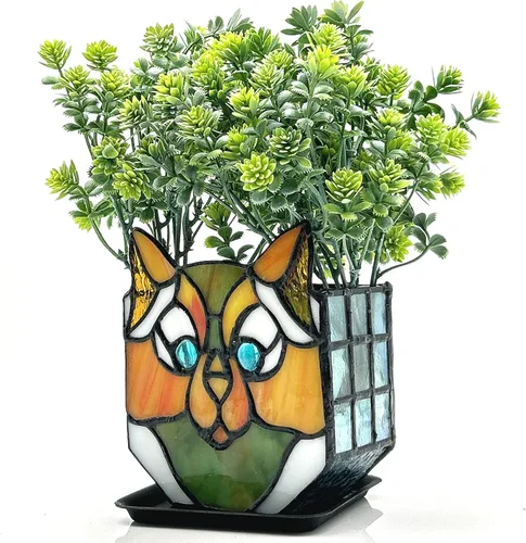 Miniatura 16 de Macetas Tiffany Lindas con Gatos de Vidrio Manchado, Para Plantas de Interior y Exterior, Maceta de Plantas con Gato Negro, Portavelas Contenedor