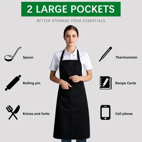 Miniatura 5 de Delantal con babero - Delantal unisex negro con 6 bolsillos, delantal de cocina para cocinero, delantales de dibujo para barbacoa, negro (6 piezas)