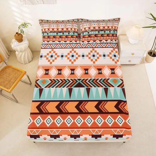 Miniatura 39 de Juego de ropa de cama occidental tamaño individual, sábanas aztecas, estilo nórdico exótico, bohemio, sábana bajera ajustable de tribu india