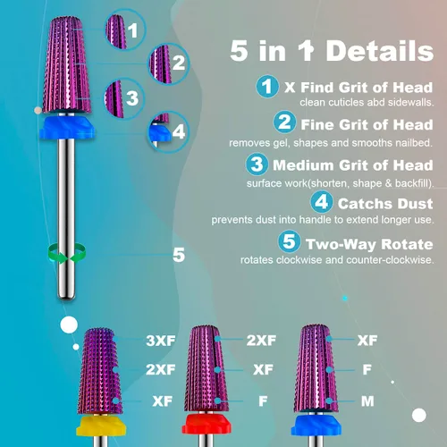 Miniatura 3 de 3 piezas de brocas de carburo 5 en 1 para uñas - Rotación bidireccional para zurdos y diestros - XF, F, M 3/32 pulgadas - Brocas para taladro