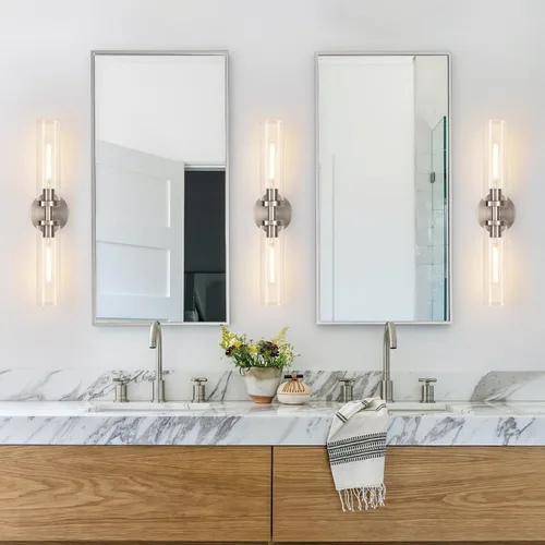 Miniatura 5 de Juego de 2 apliques de pared, apliques de baño de níquel cepillado cableados con vidrio transparente, apliques modernos para decoración de pared