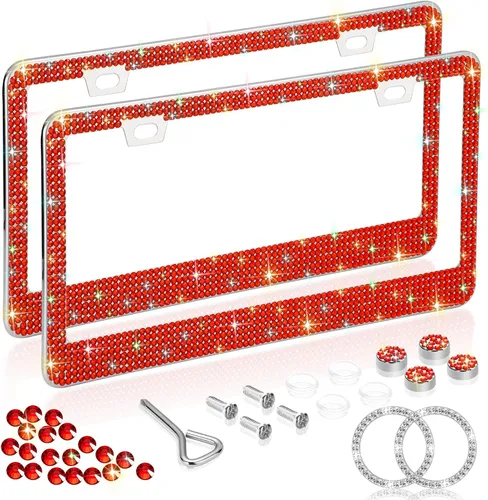 Miniatura 8 de Juego de 2 marcos para matrículas de automóvil con brillantes, placas universales de acero inoxidable con 2 agujeros y cristales acrílicos