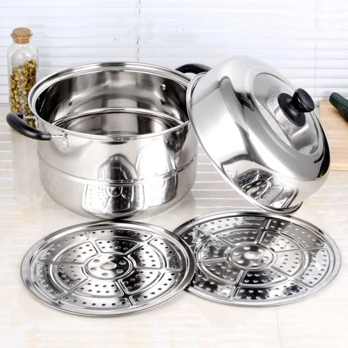Miniatura 5 de Ollas de vapor de 11.8 pulgadas con 3 forros de vapor y agarrador de cocina, olla de vapor de acero inoxidable de 3 niveles con tapa para cocinar