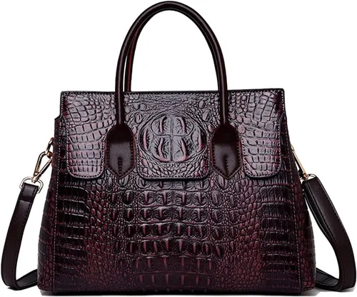 Bolso de mano con asa superior para mujer, bolso de hombro con estampado de cocodrilo en relieve de cuero fuax, púrpura-rojo, grande