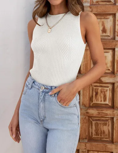 Miniatura 8 de ZESICA Camisetas sin mangas acanaladas para mujer, de verano, sin mangas, cuello alto, casual, ajustadas, básicas, de punto