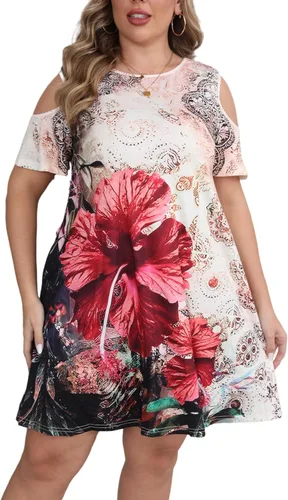 Miniatura 24 de Hbeyyto - Vestido informal de manga corta con hombros descubiertos para mujer, holgado y con bolsillos, talla grande