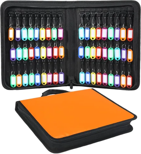 Quctak Estuche organizador portátil para llaves, 54 etiquetas para llaves y ganchos naranja, funda para llaves ignífuga e impermeable con asa,