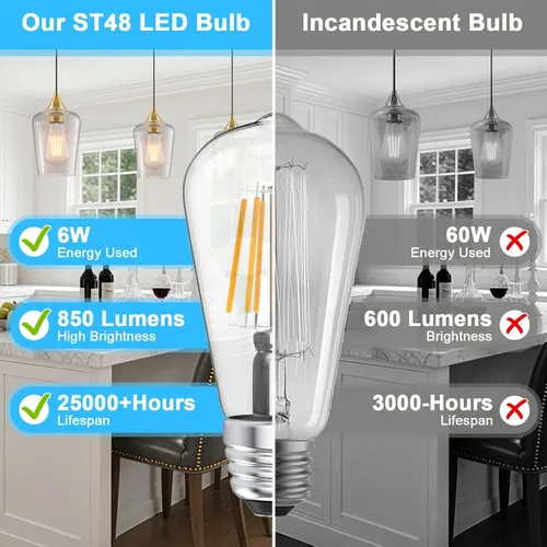 Miniatura 8 de Ralbay Bombillas LED Edison ST48 vintage equivalentes a 60 vatios, paquete de 6, luz blanca natural brillante de 4500 K, bombillas de filamento LED