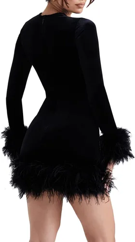 Miniatura 4 de Vestido corto sexy de plumas para mujer, de manga larga, de piel sintética, de corte bajo, Y2K, para cóctel, fiesta