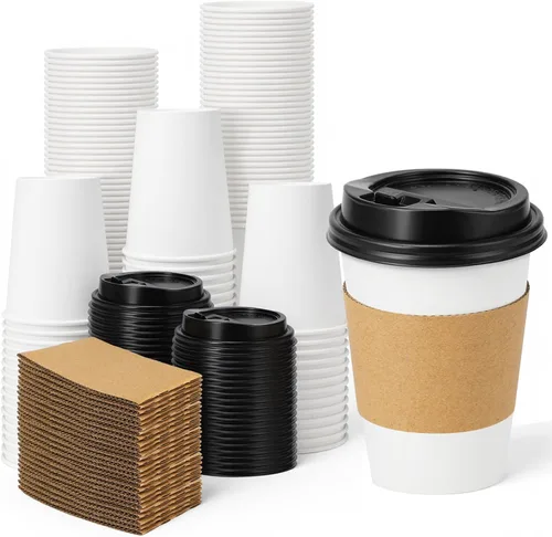 Miniatura 12 de Lamosi Paquete de 100 tazas de café desechables de 16 onzas con tapas y mangas, a prueba de fugas, tazas de café de papel con tapas, bebidas