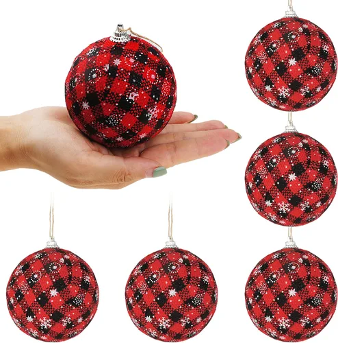 Miniatura 6 de Juego de 6 adornos colgantes de bolas de tela a cuadros de búfalo de gran tamaño para árbol de Navidad, decoración de San Valentín, fiesta, 3-1/4