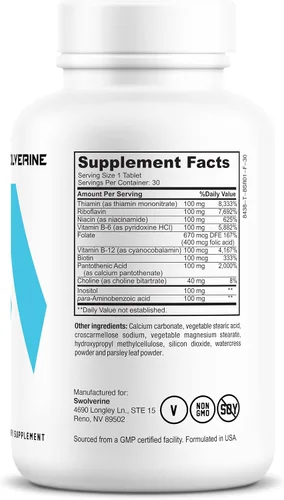 Miniatura 4 de Swolverine Complejo de vitamina B Complejo B que incluye B12, B1, B2, B3, B5, B6, B7, B9, ácido fólico, colina, inositol y biotina, apoya