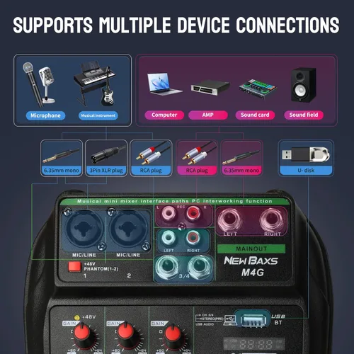 Miniatura 4 de Mezclador de audio para DJ, mezcladores de DJ, tablero de sonido de 4 canales con Bluetooth, tablero mezclador de sonido NEW BAXS XRL/interfaz